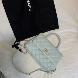 Chanel Mini Rectangular Flap with Top Handle Blue Lambskin Light Gold –  Madison Avenue Couture